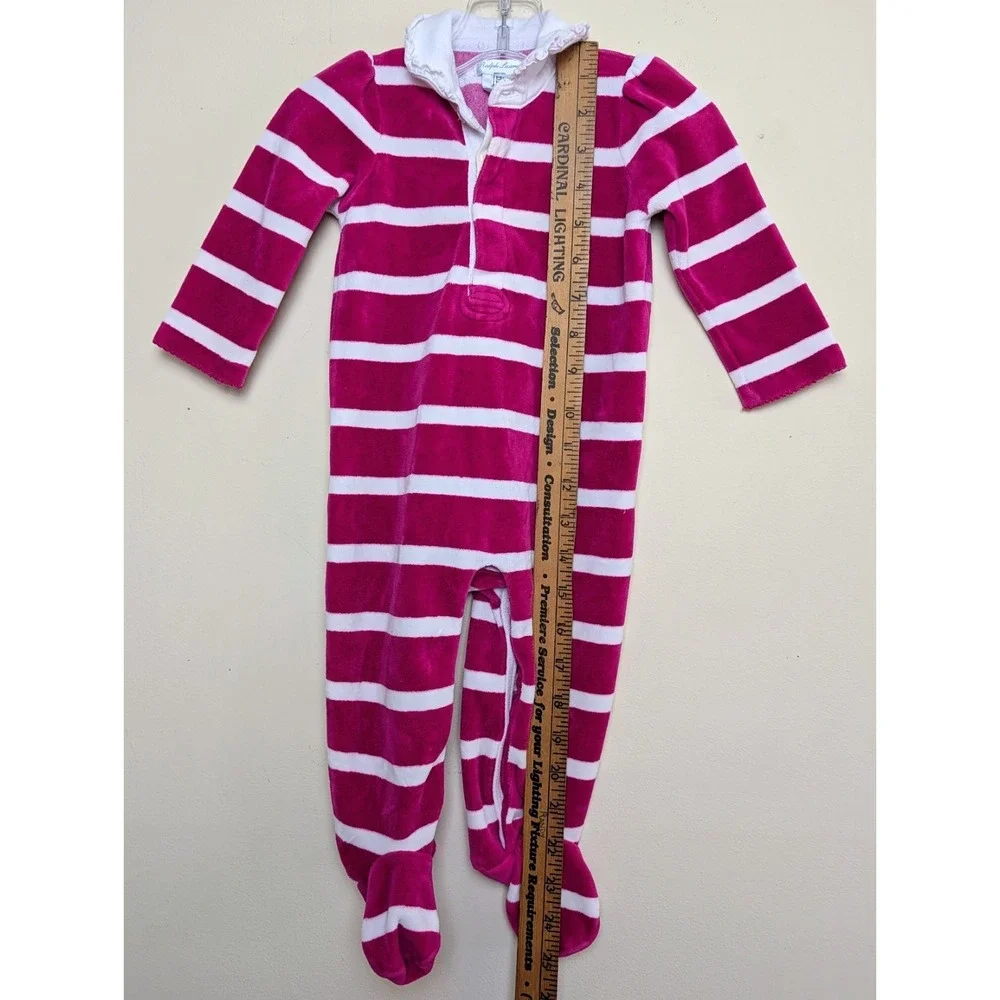 Polo Ralph Lauren Pink &‎ White Striped Velour Footie One Piece Romper 9 Months